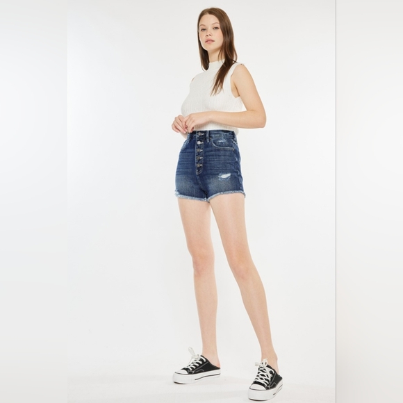 KanCan Button Fly Distressed Denim Ultra High-Rise Frayed Cut-Off Jean Shorts - Picture 9 of 13
